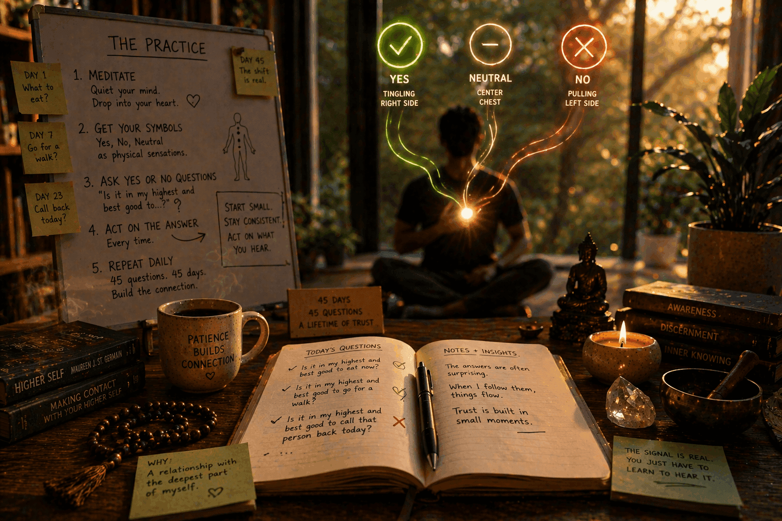 Peaceful home meditation setup with journal and symbolic yes, no, and neutral signals representing intuitive decision-making