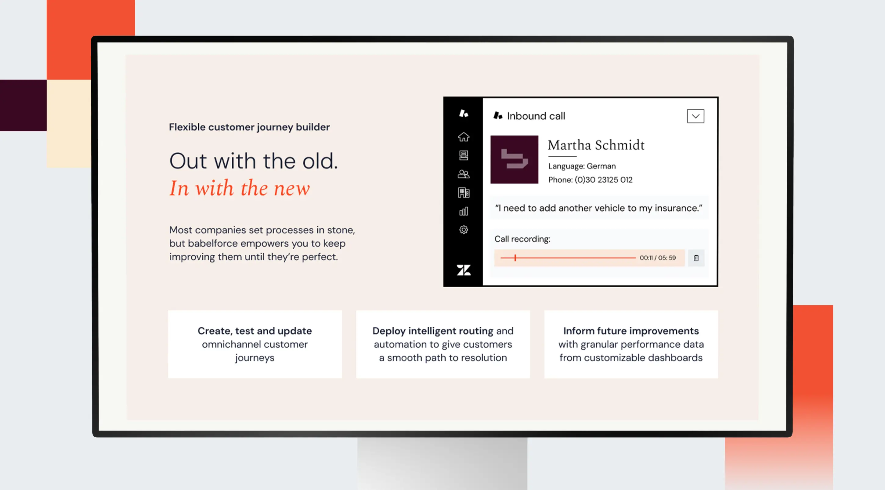 babelforce product UI on a desktop monitor showing the flexible customer journey builder with an inbound call screen for Martha Schmidt