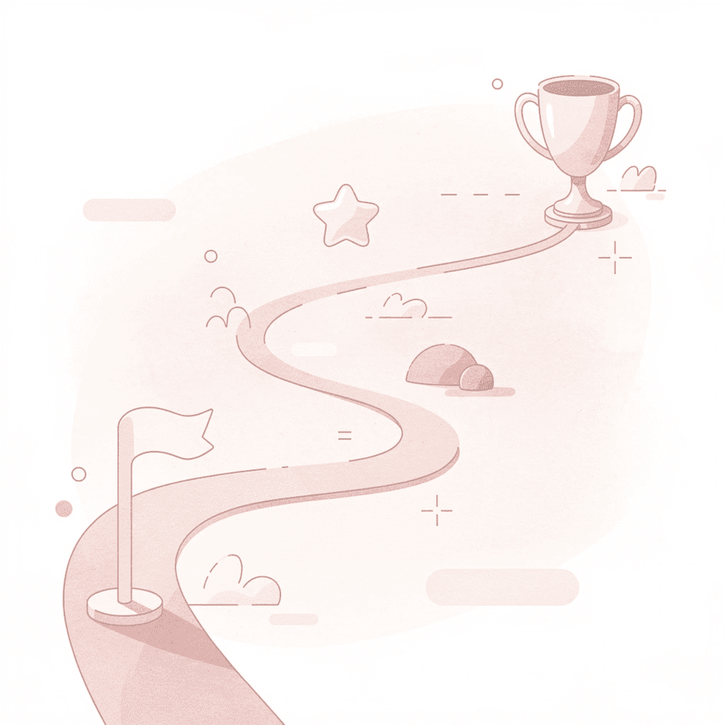 Winding learning path with milestone markers showing progression