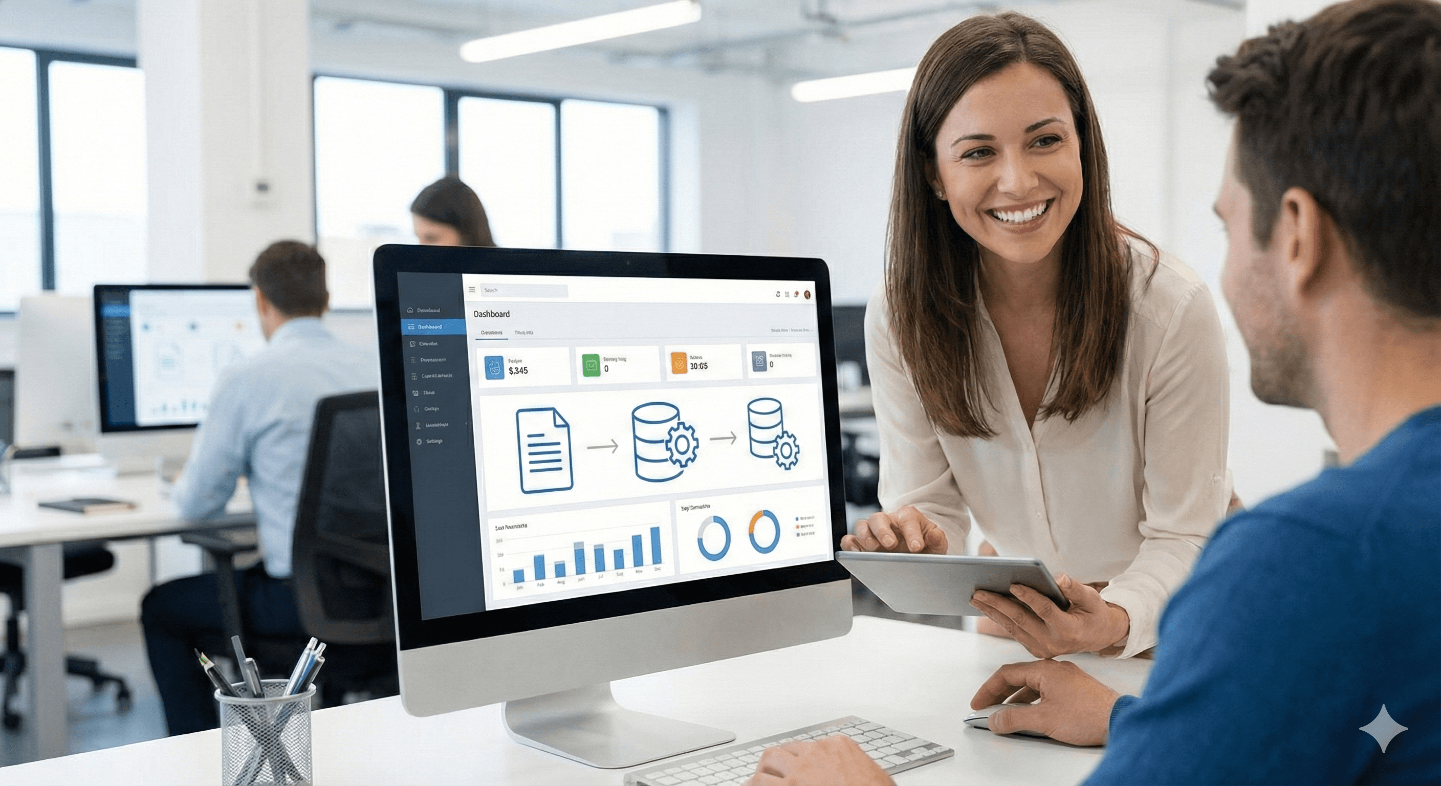 Une collaboratrice souriante dans un bureau moderne, utilisant une tablette tout en discutant avec un collègue. L'écran d'ordinateur derrière elle affiche un tableau de bord avec des processus automatisés.