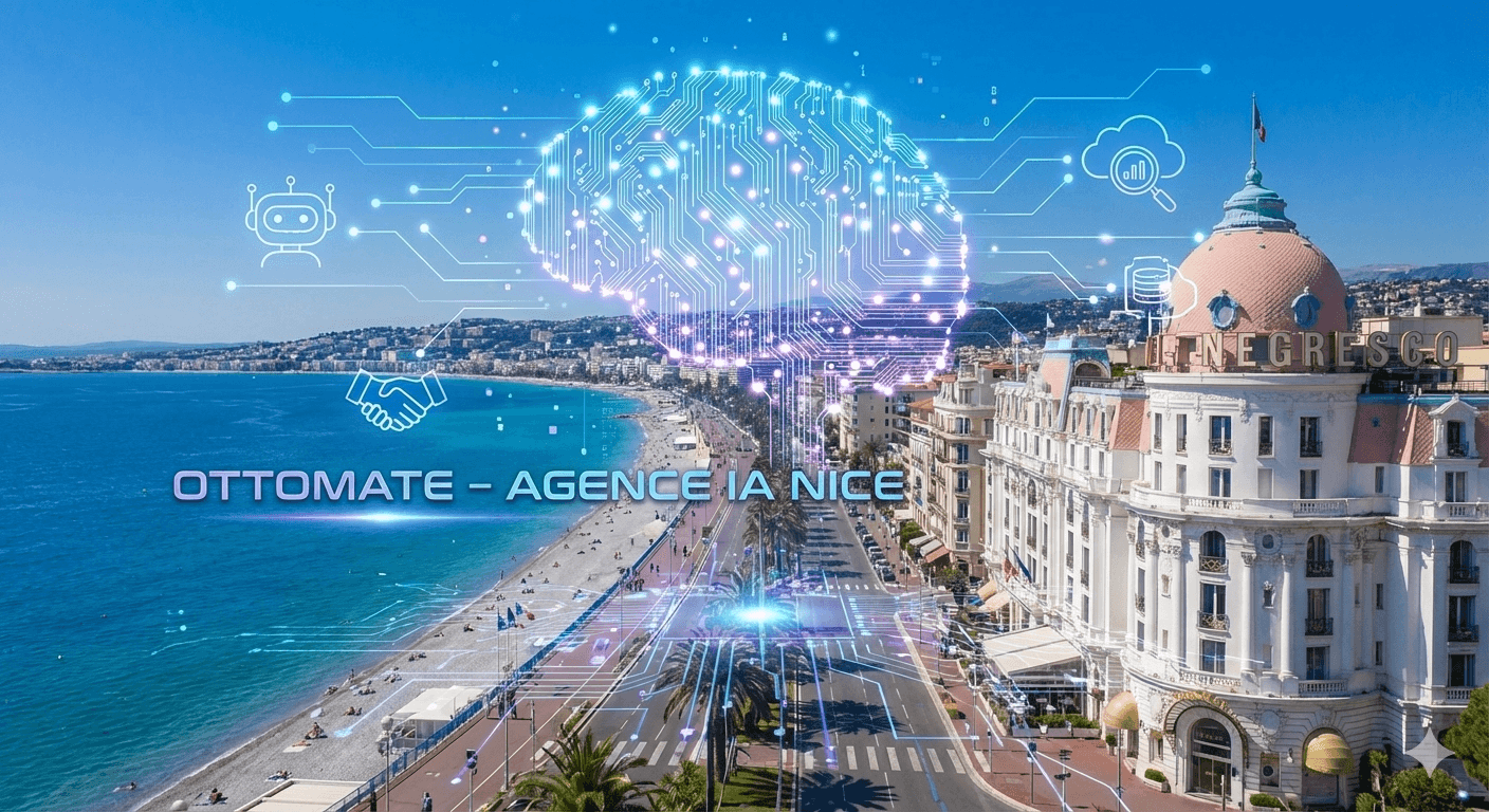 Illustration futuriste d'Ottomate, agence IA à Nice, intégrant l'intelligence artificielle dans le paysage de la Promenade des Anglais.