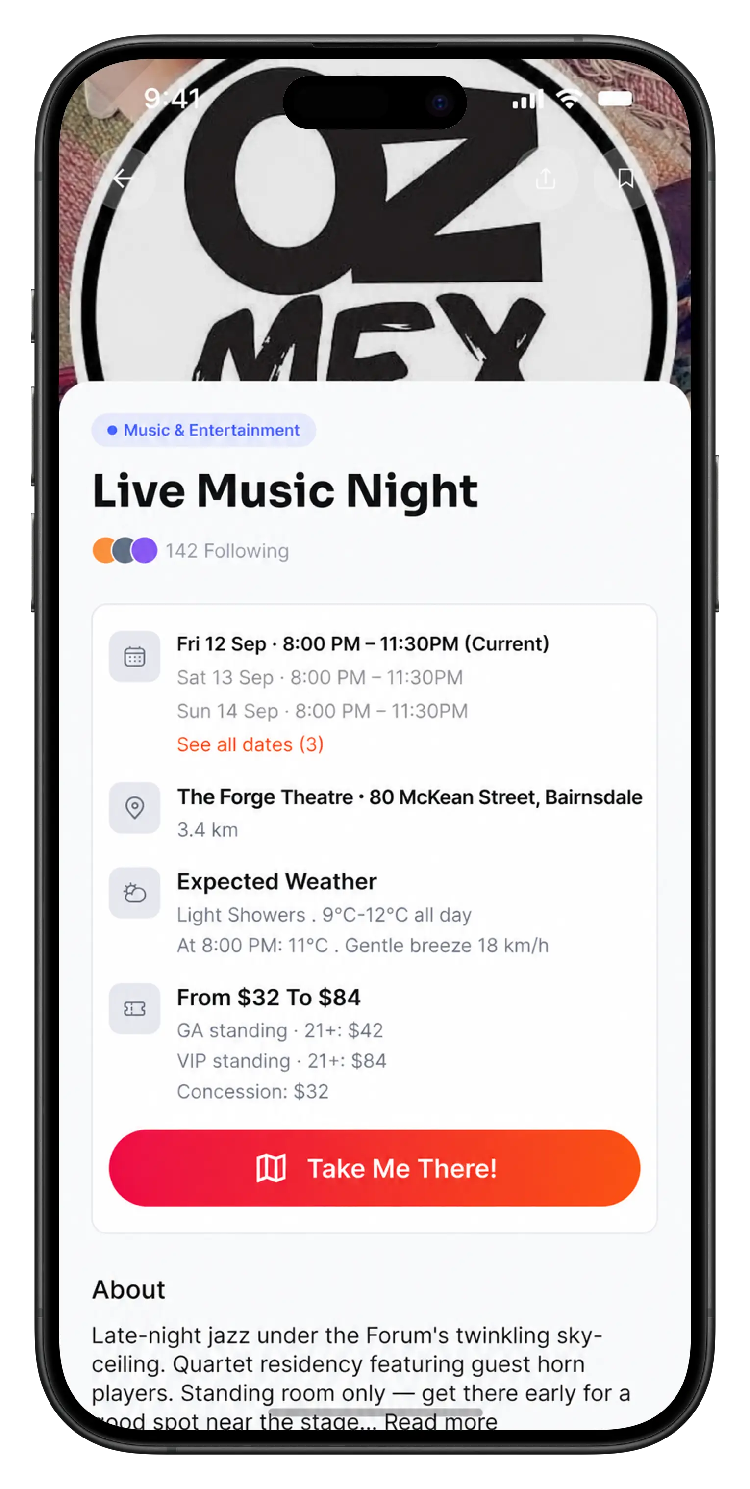 Townloop app event details screen for a local event
