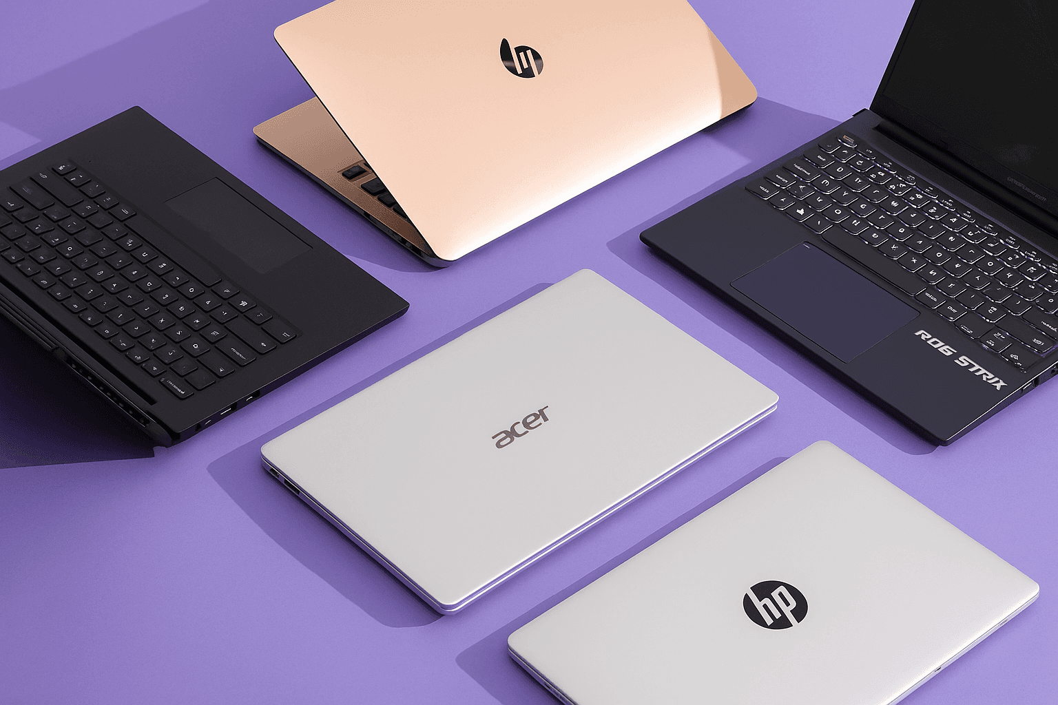 Et udvalg af moderne bærbare computere placeret på en lilla baggrund. Billedet viser laptops fra mærker som Acer, HP og ASUS ROG Strix, i forskellige farver og vinkler - symboliserende variationen i laptops til gaming, arbejde og studie.