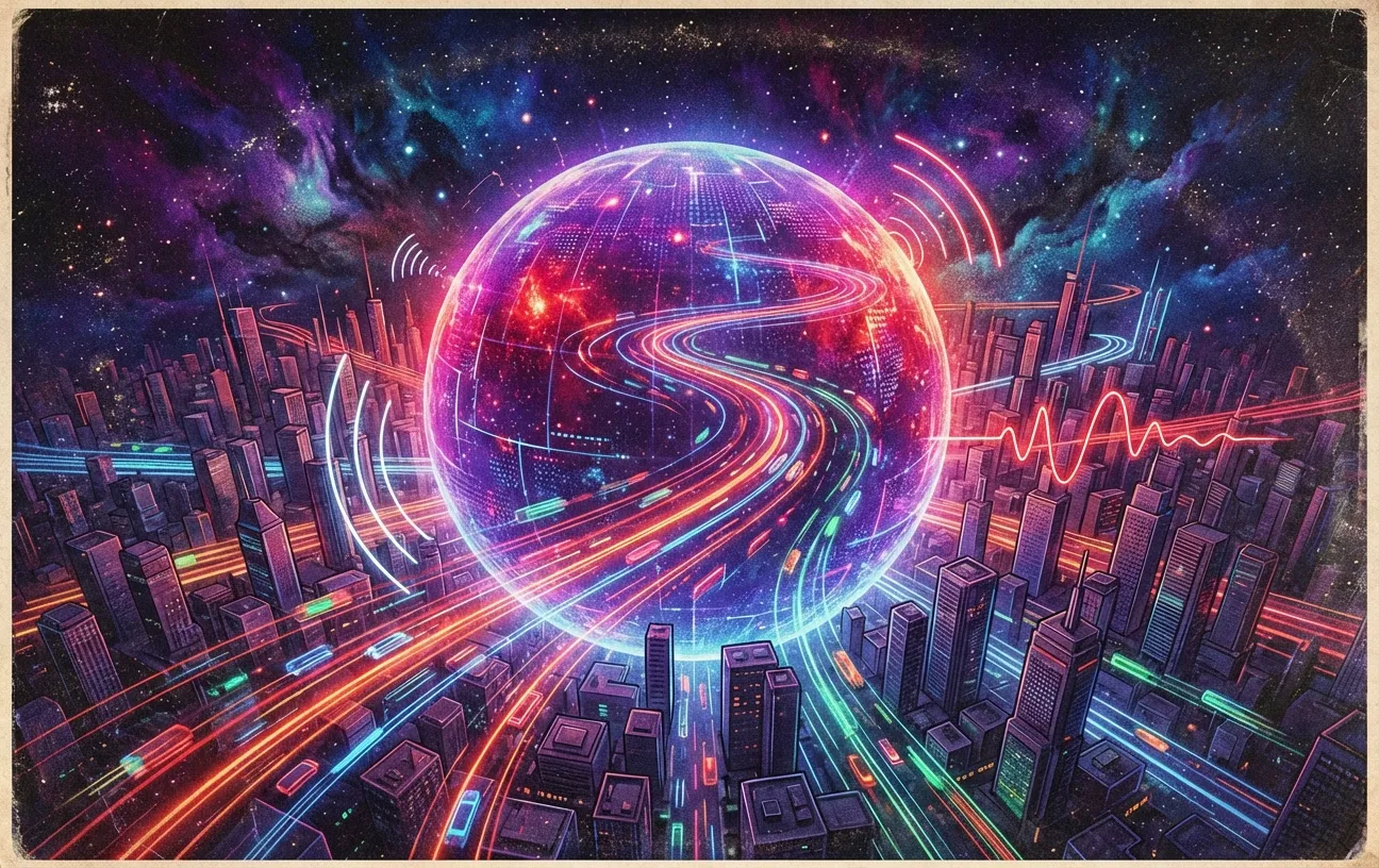 Futuristic cityscape by RockN' Socials; digital marketing vibe.