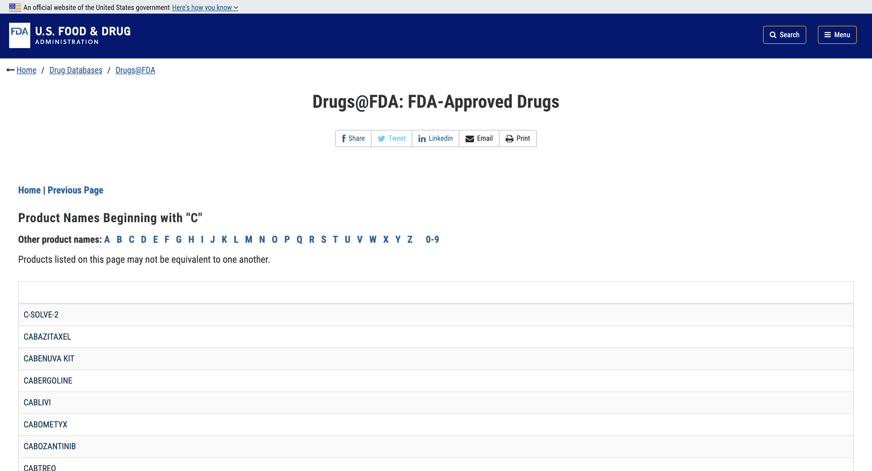 List of approved drugs on FDA website