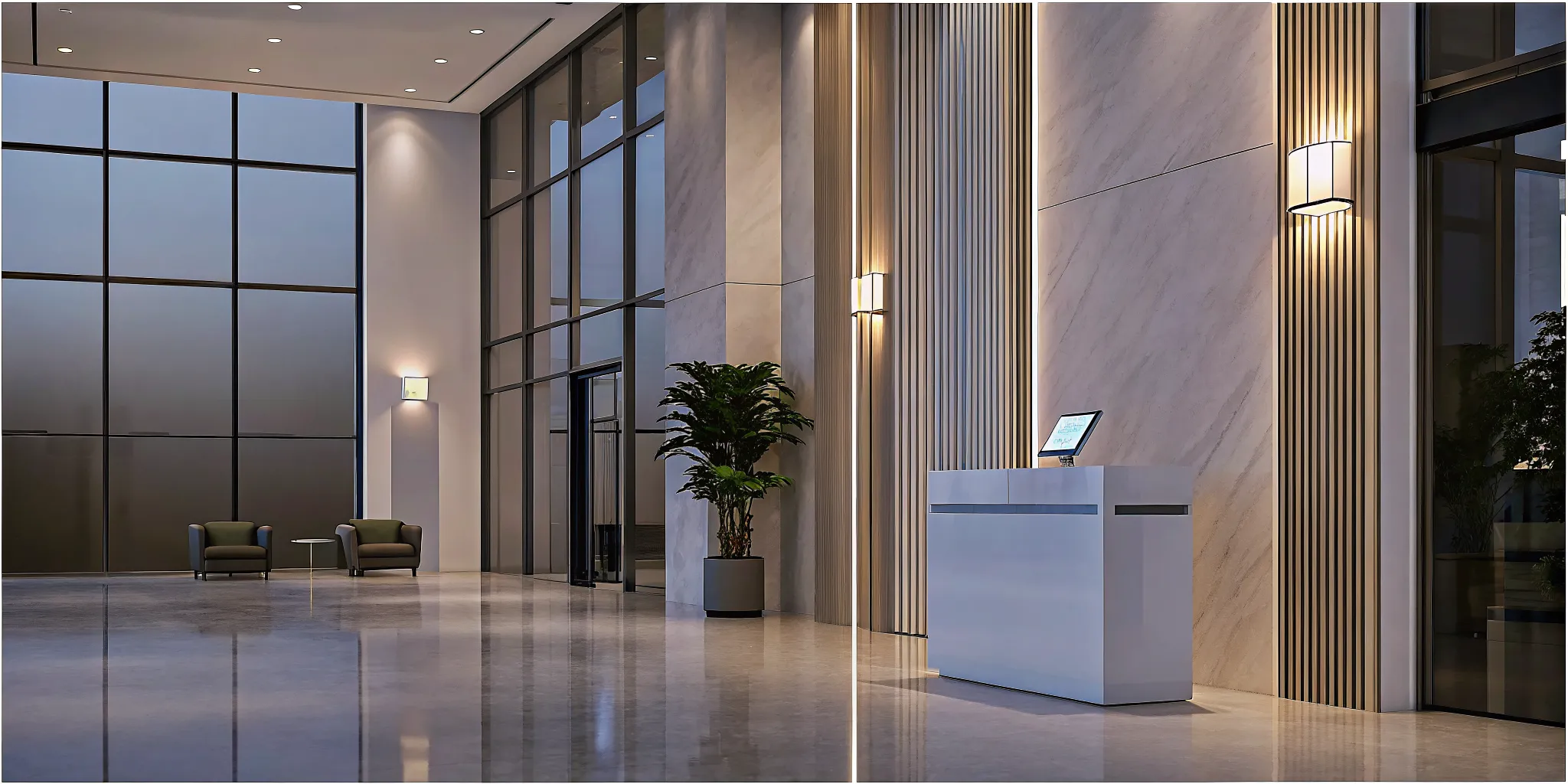 Sleek digital visitor check-in kiosk at a modern corporate lobby