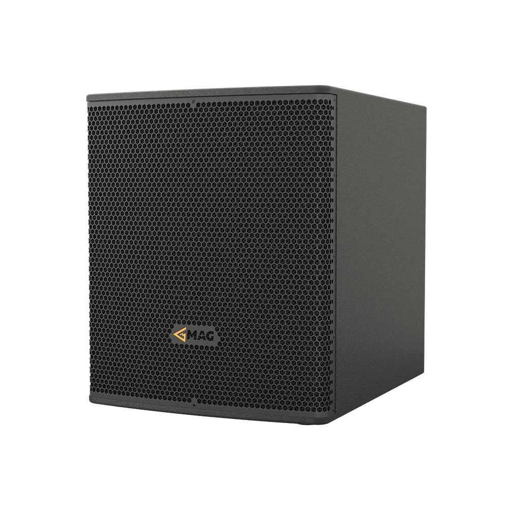 Black speaker cabinet with MAG logo
