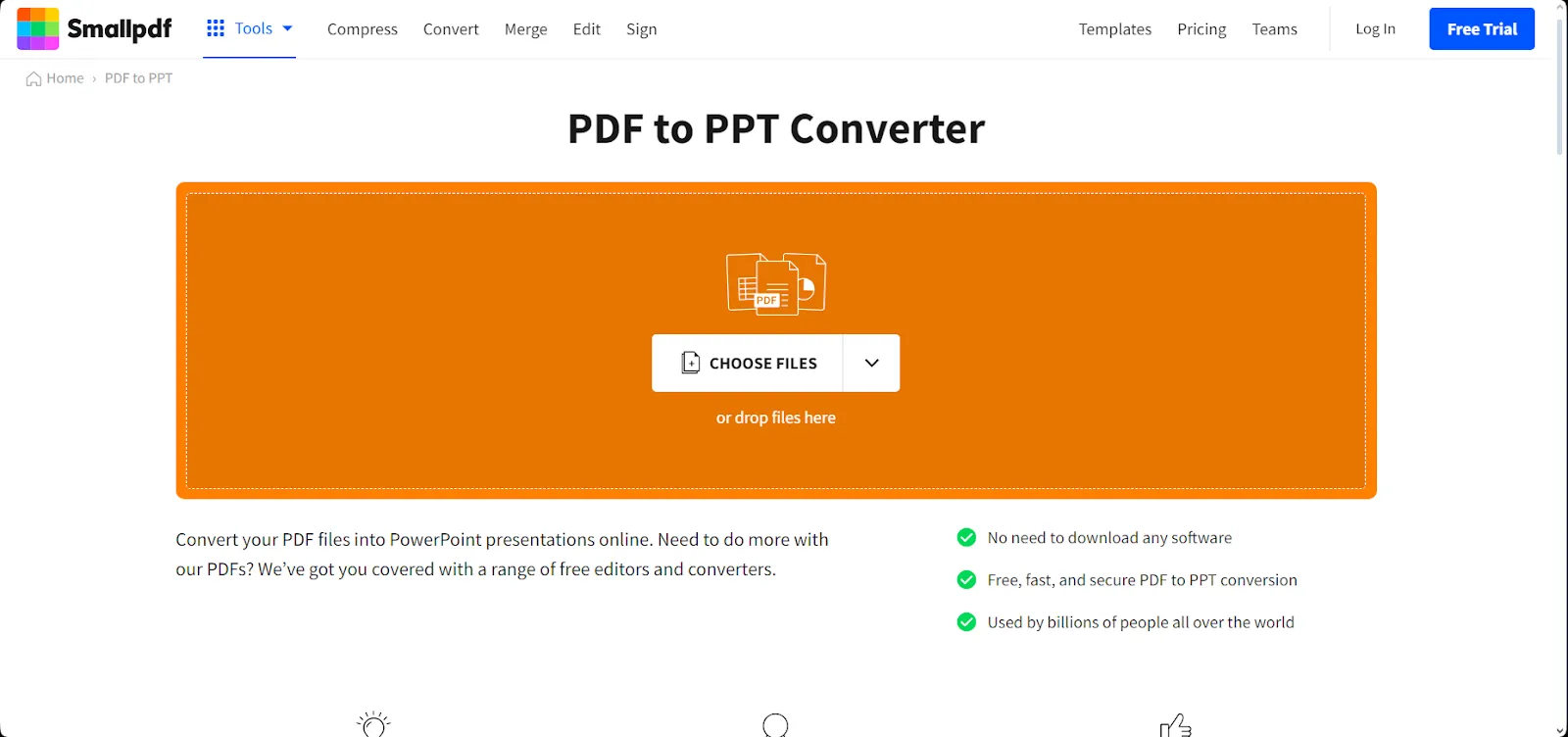 SmallPDF logo, a tool for simple, online PDF to PowerPoint conversions and other PDF-related tasks.