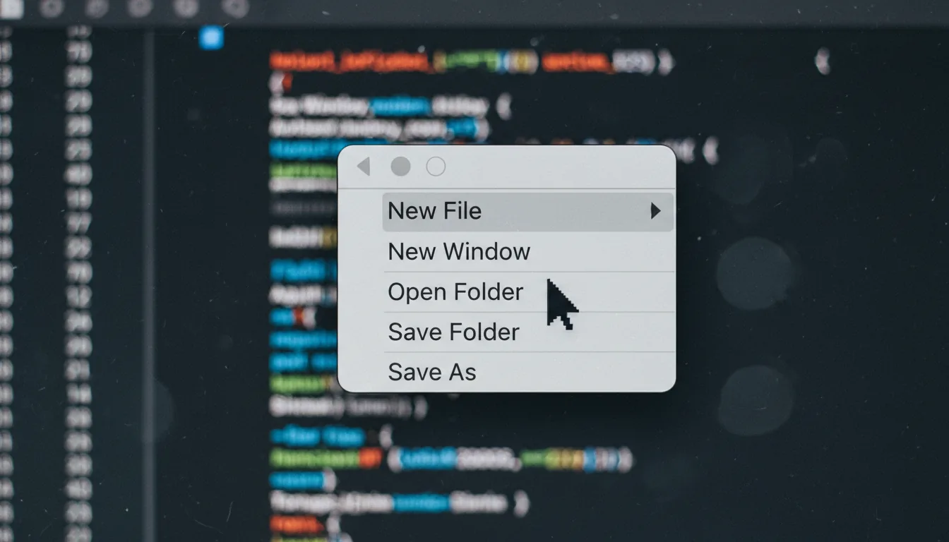 Macro DSLR photo of a computer screen, shallow depth of field. The focus is sharp on a light grey dropdown menu from a code editor UI, similar to Sublime Text on macOS. A black mouse cursor is hovering over the highlighted "New File" option. In the background, another code editor window in dark mode is heavily blurred, creating a strong bokeh effect. The individual pixels of the monitor are visible, soft ambient lighting, subtle film grain.
