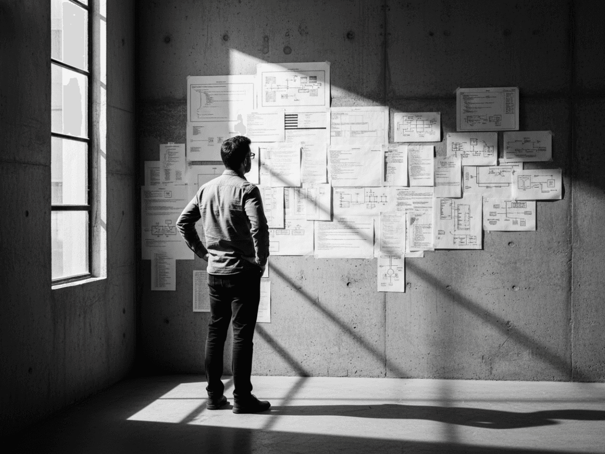 Creative workspace with large windows and a wall full of inspiration boards.