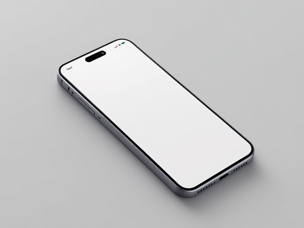 A silver smartphone with a blank white screen is shown on a gray surface.
