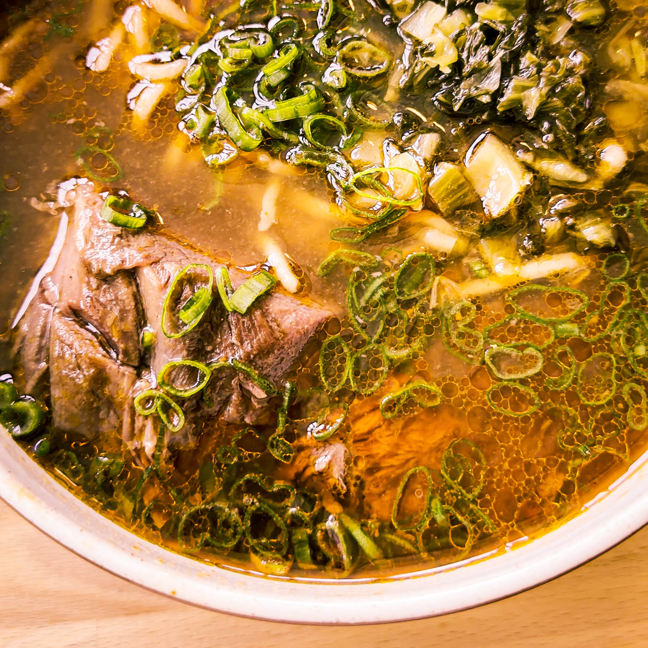 The beef noodle soup is indeed a headline.
