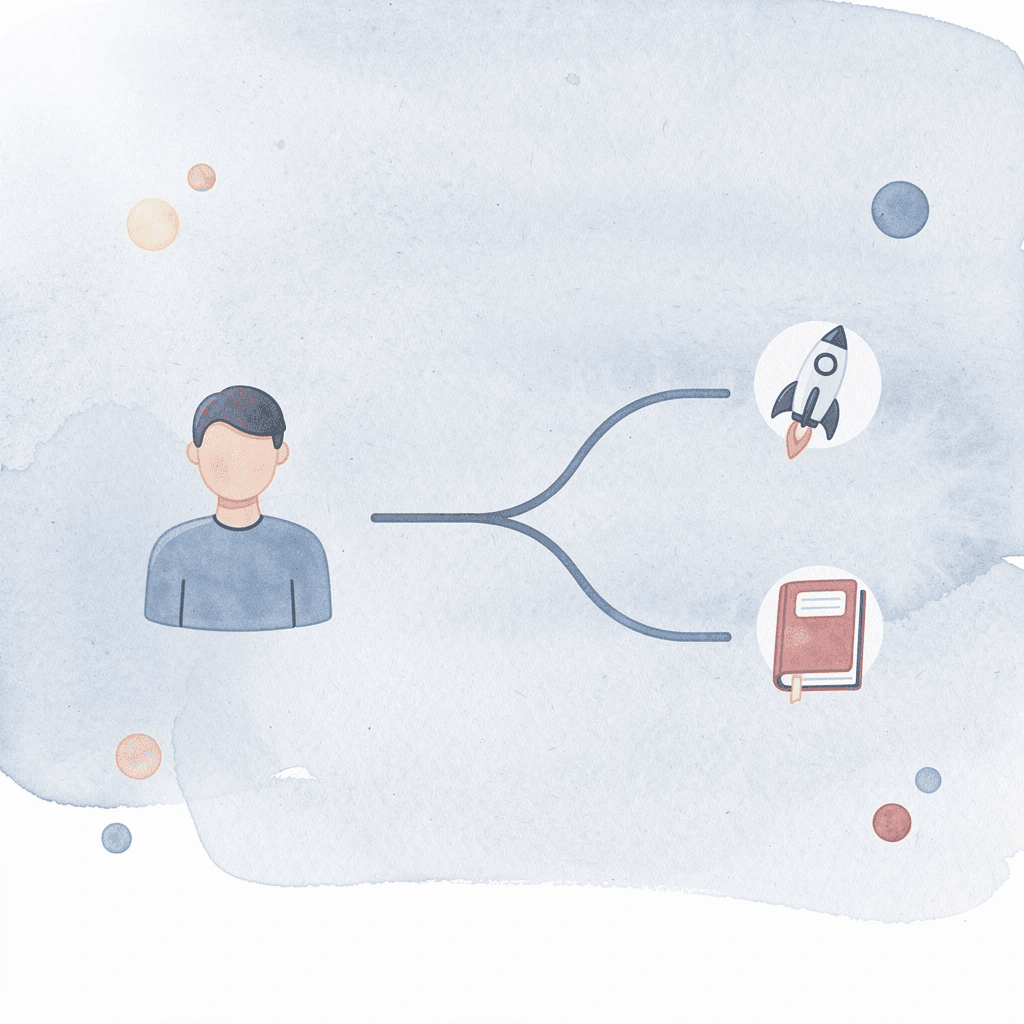Icon showing a briefcase splitting into two paths representing funding structure choices