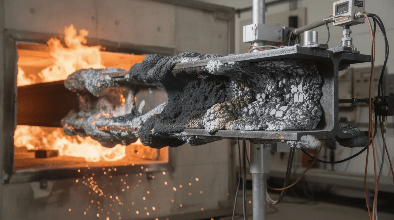 The image shows a steel beam coated with an expanded intumescent char layer during fire testing, illustrating the effectiveness of intumescent coatings as a form of passive fire protection. The char layer forms as the intumescent material undergoes thermal protection, enhancing the structural integrity of the steel against high heat and flames.