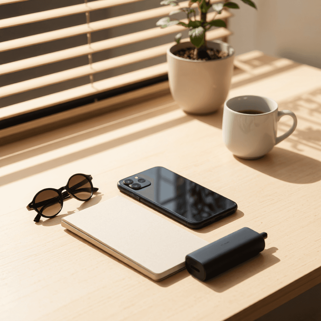 product photography of smartphone with accessories