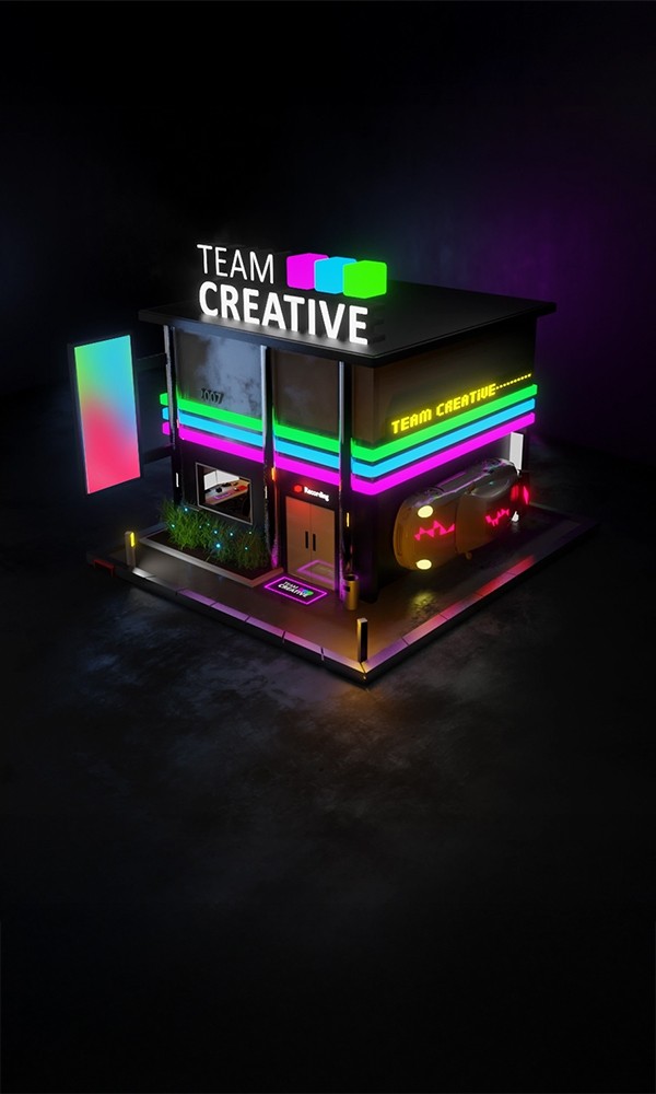 Team Creative Media Services Home page cover photo cyberpunk style house porsche turboS 911 992 PC setup Led signs