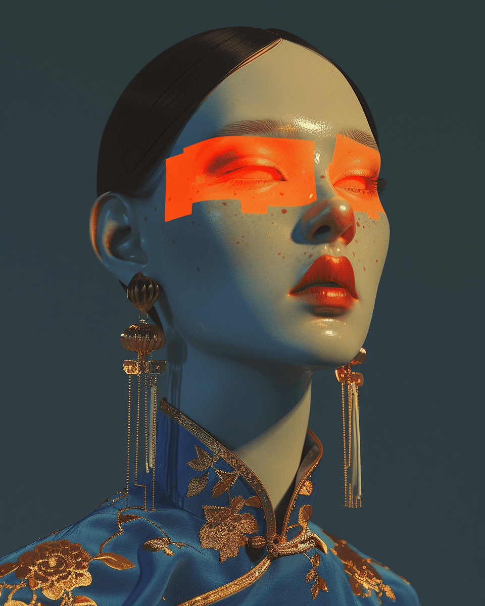 A constructed identity where ornament, surface, and light replace expression