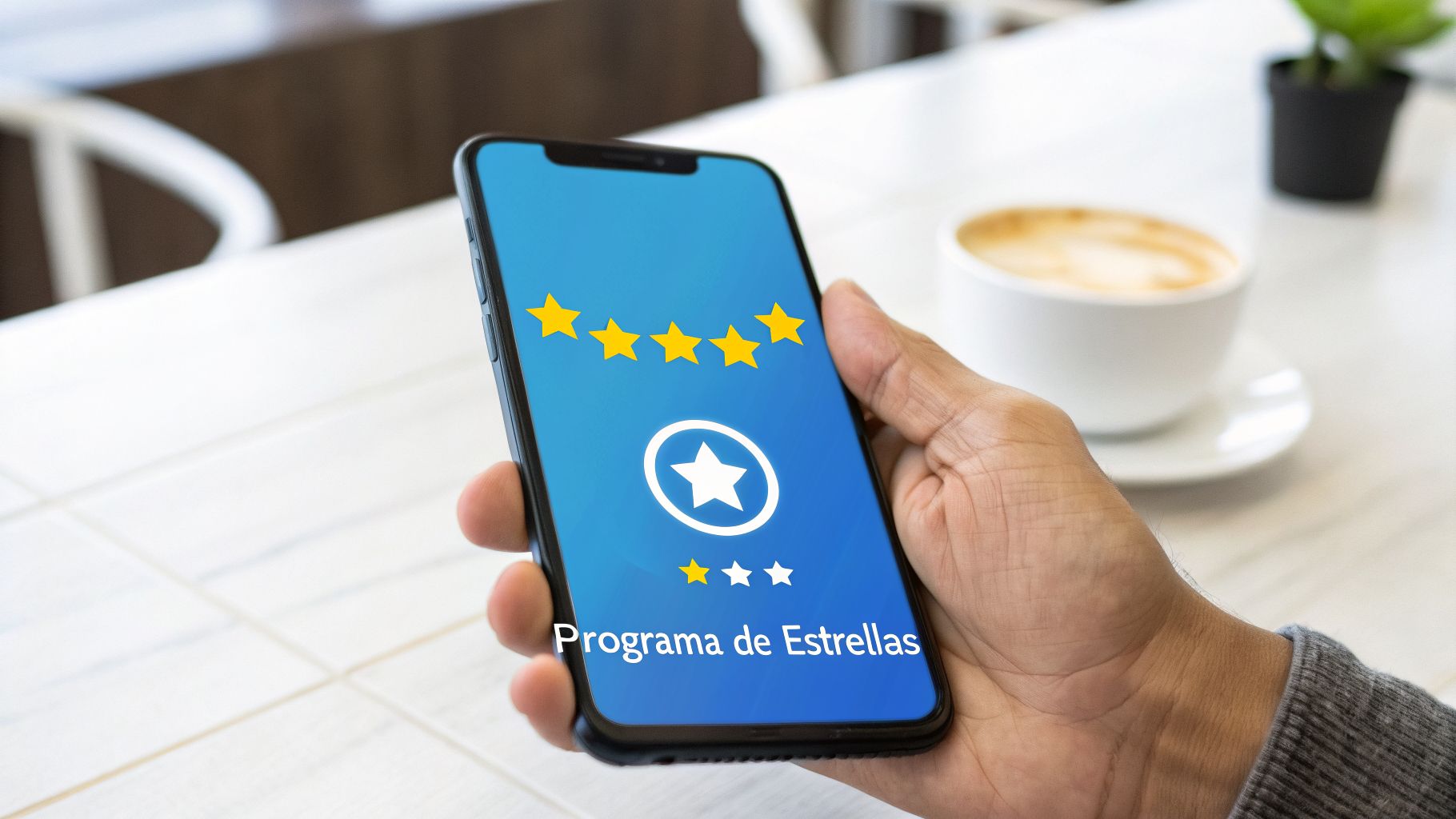 Mano sosteniendo un smartphone con la pantalla de un programa de estrellas, mostrando varias estrellas y un fondo azul brillante.