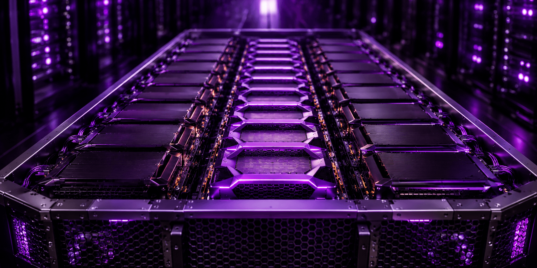 Futuristic ultra-dense AI server node illuminated in purple lighting, representing advanced single-server AI inference infrastructure with high accelerator density, heterogeneous compute orchestration, and next-generation large language model deployment.
