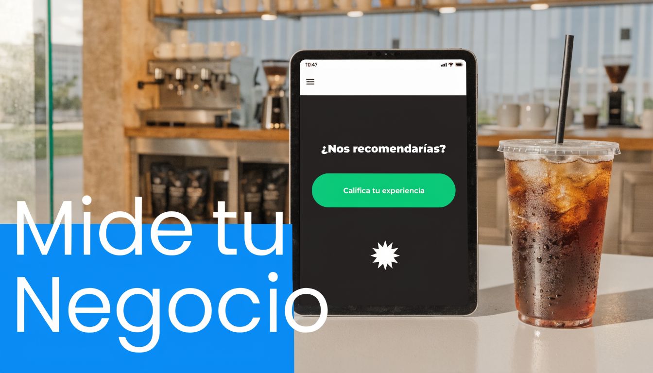 Una tablet mostrando una encuesta de satisfacción del cliente frente a un café helado en una cafetería.