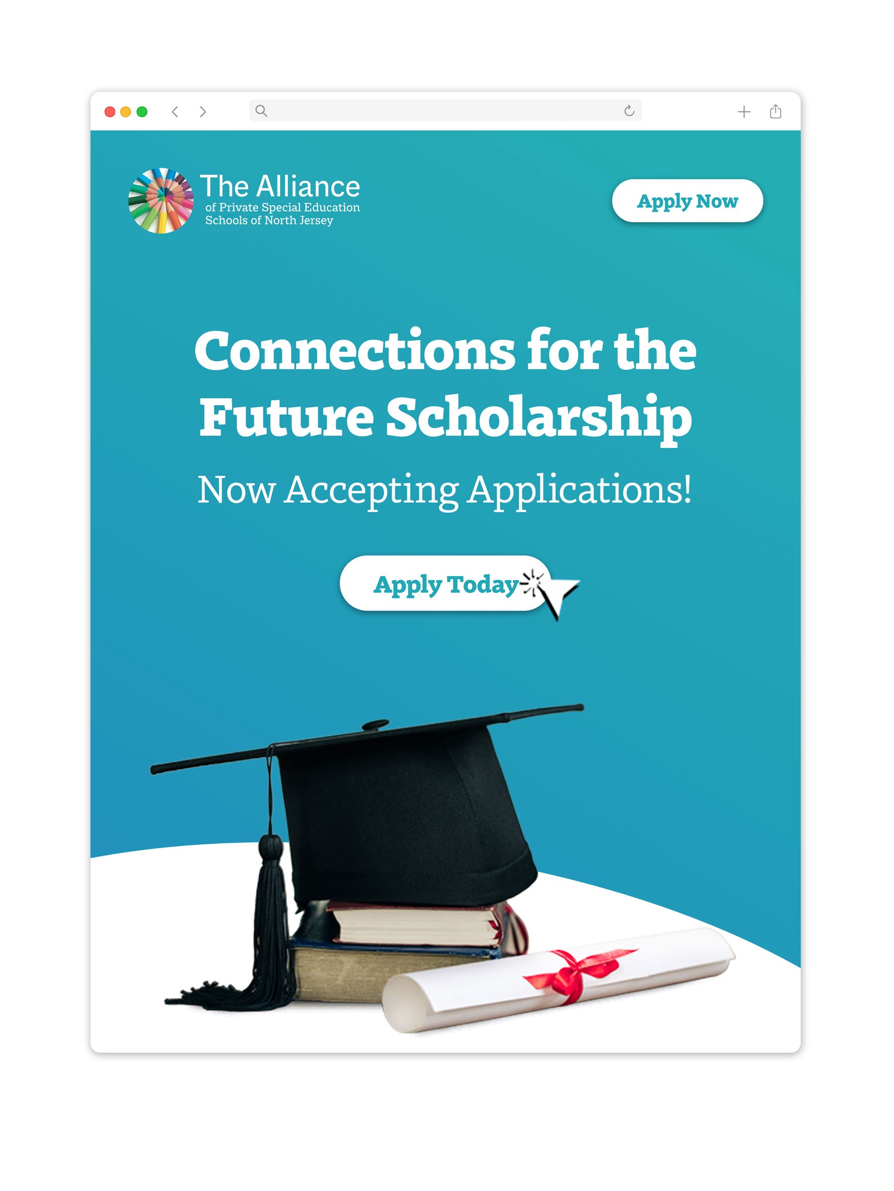 Blue scholarship ad with 'Connections for the Future Scholarship' in bold white text. Features graduation cap, books, and diploma below