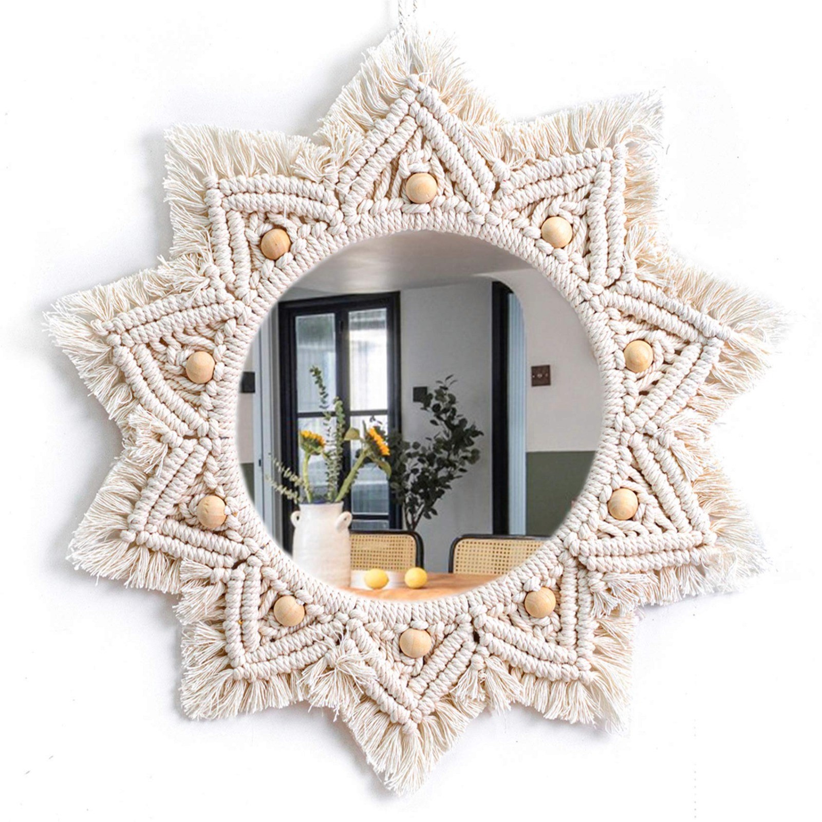 Natural macramé sunburst wall mirror handmade
