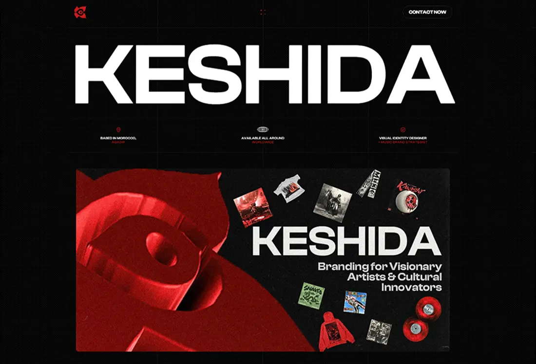 KESHIDA logo in white on black background with red accents and Branding for Visionary Artists & Cultural Innovators tagline.