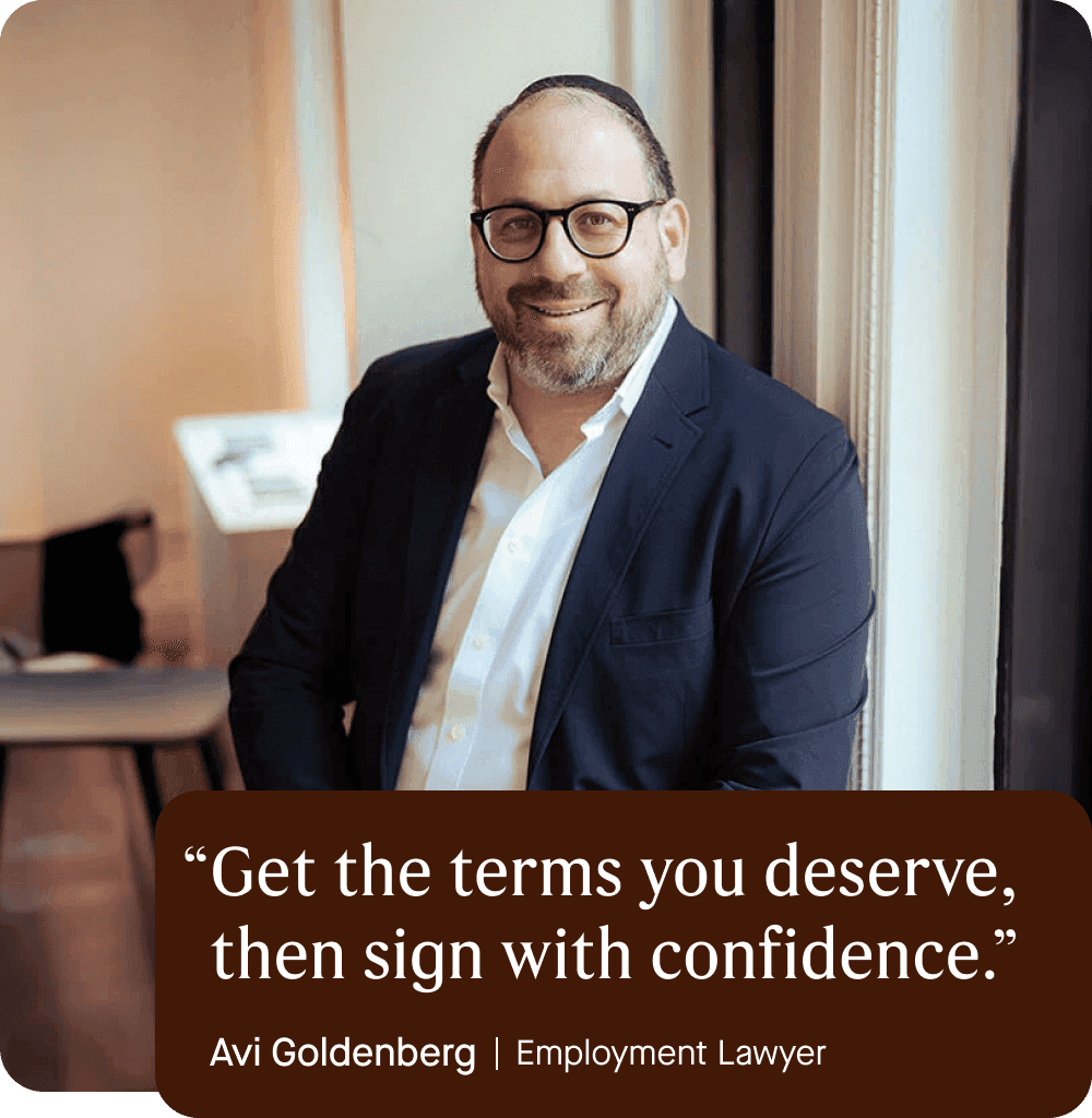 Image of Avi Goldenberg, Employment Lawyer, in his office wearing a button down shirt and suit jacket, wearing glasses and smiling. Quote overlaid.