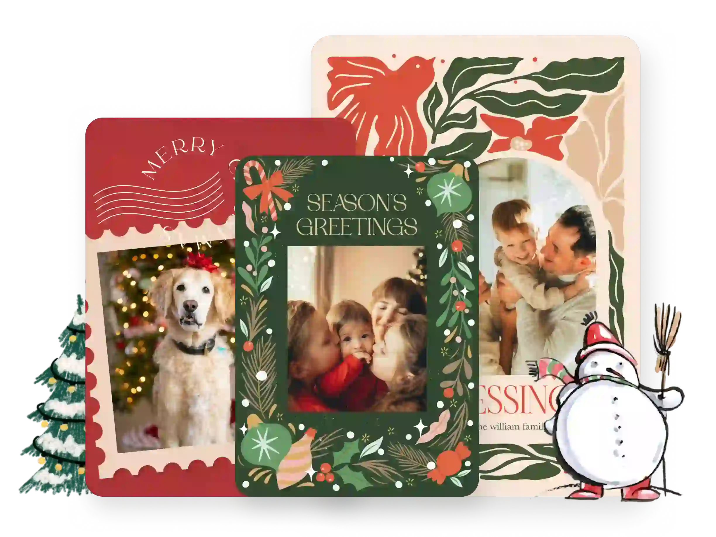 Three holiday cards with family photos, a snowman, and a Christmas tree illustration