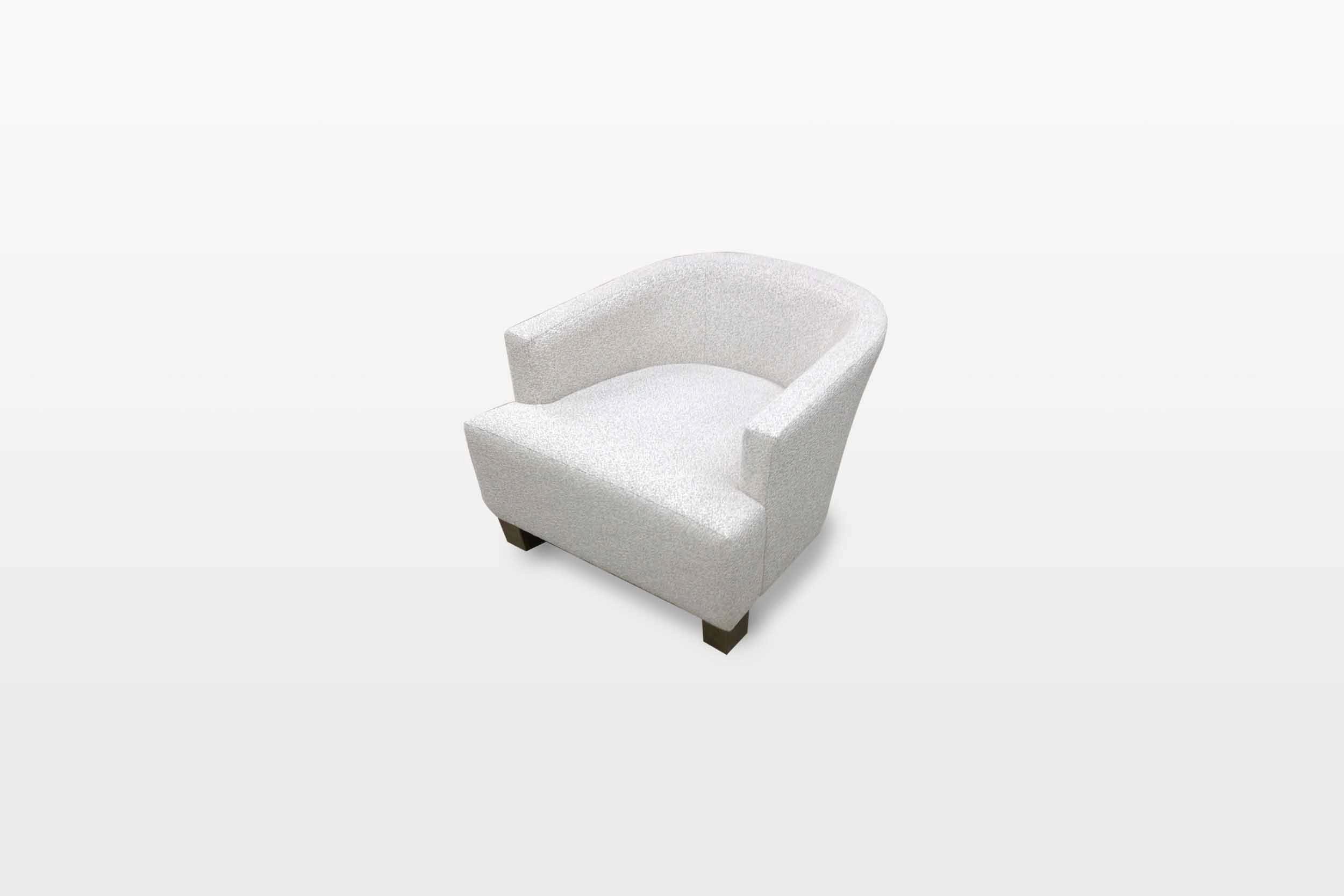 Contemporary tub-style armchair upholstered in a textured cream bouclé with square dark wood feet.