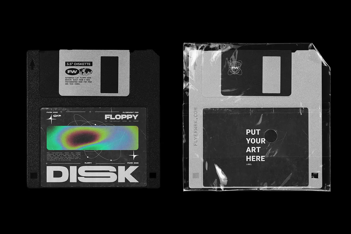 Vintage Floppy Disk 3.5 Inch Mockup featuring a black disk and a sealed plastic wrap version