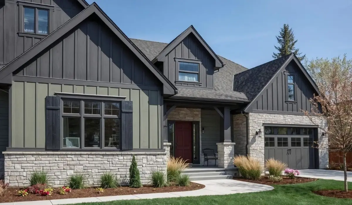 Burr Ridge home featuring 2026 siding trends with charcoal vertical siding, sage fiber cement panels, and stone veneer accents