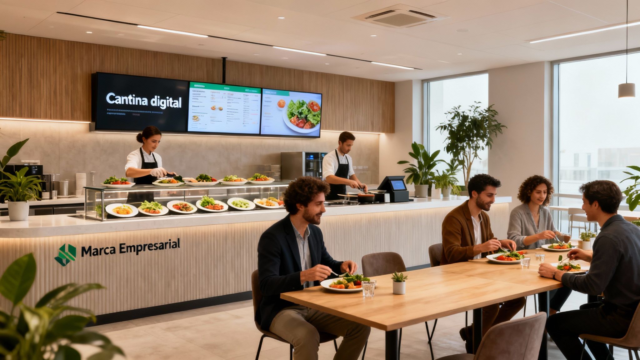 Empleados disfrutando de una comida saludable en una moderna cantina digital de oficina, con personal sirviendo.