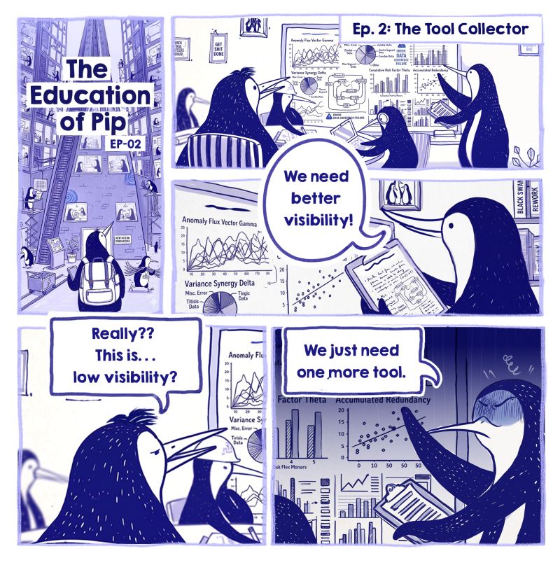 A comic titled The Tool Collector featuring Pip the penguin. Penguins in a boardroom are surrounded by overwhelming data charts and screens. One penguin shouts that they need better visibility, while another suggests adding yet another tool to the already cluttered and complicated tech stack.