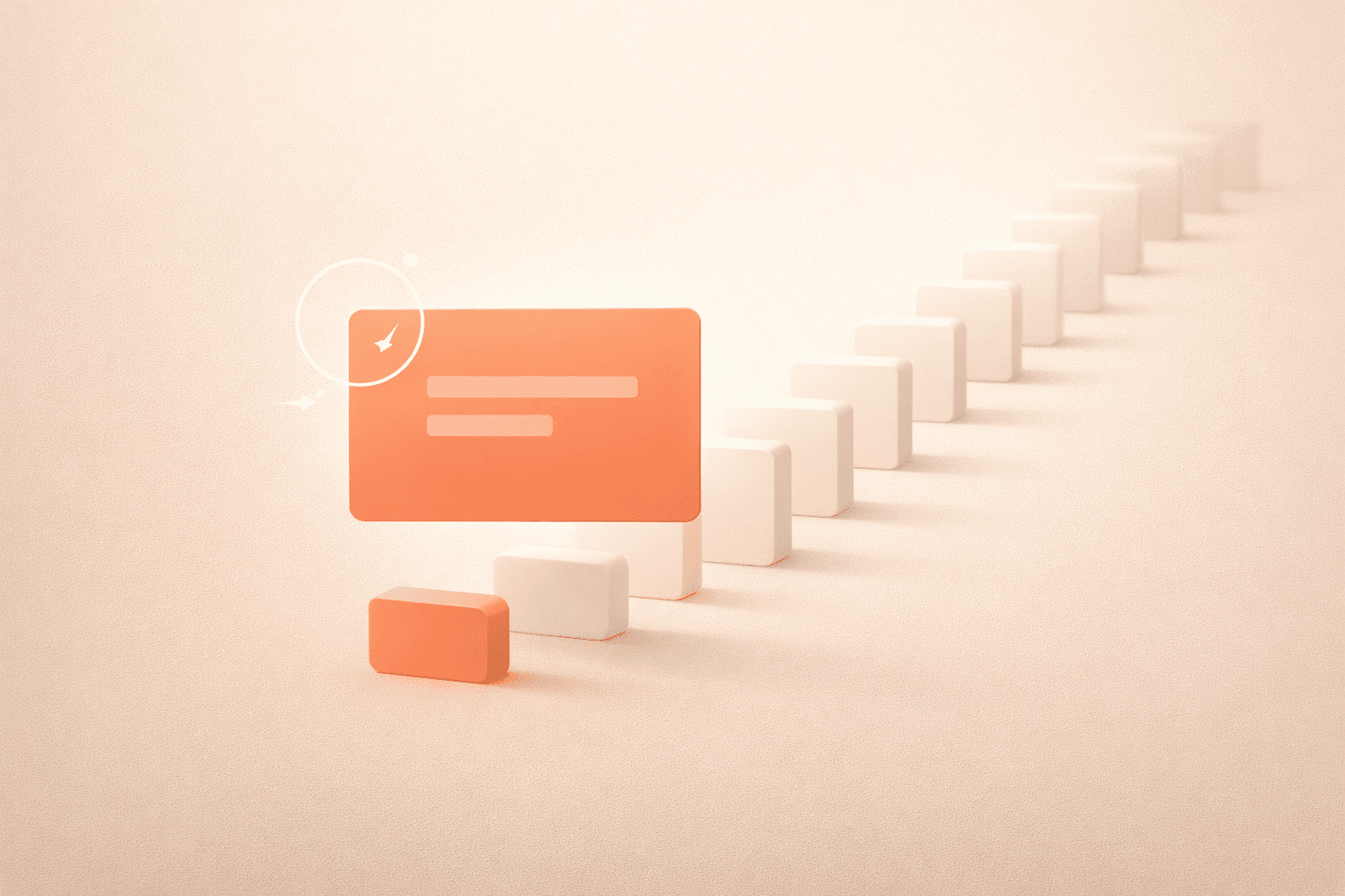 Minimalistische 3D-Illustration mit einer orangefarbenen Aufgabenkarte im Fokus vor cremebeigem Hintergrund, ergänzt durch eine nach hinten verlaufende Domino-Kette, die den Hebel-Effekt einer einzigen priorisierten Aufgabe symbolisiert.