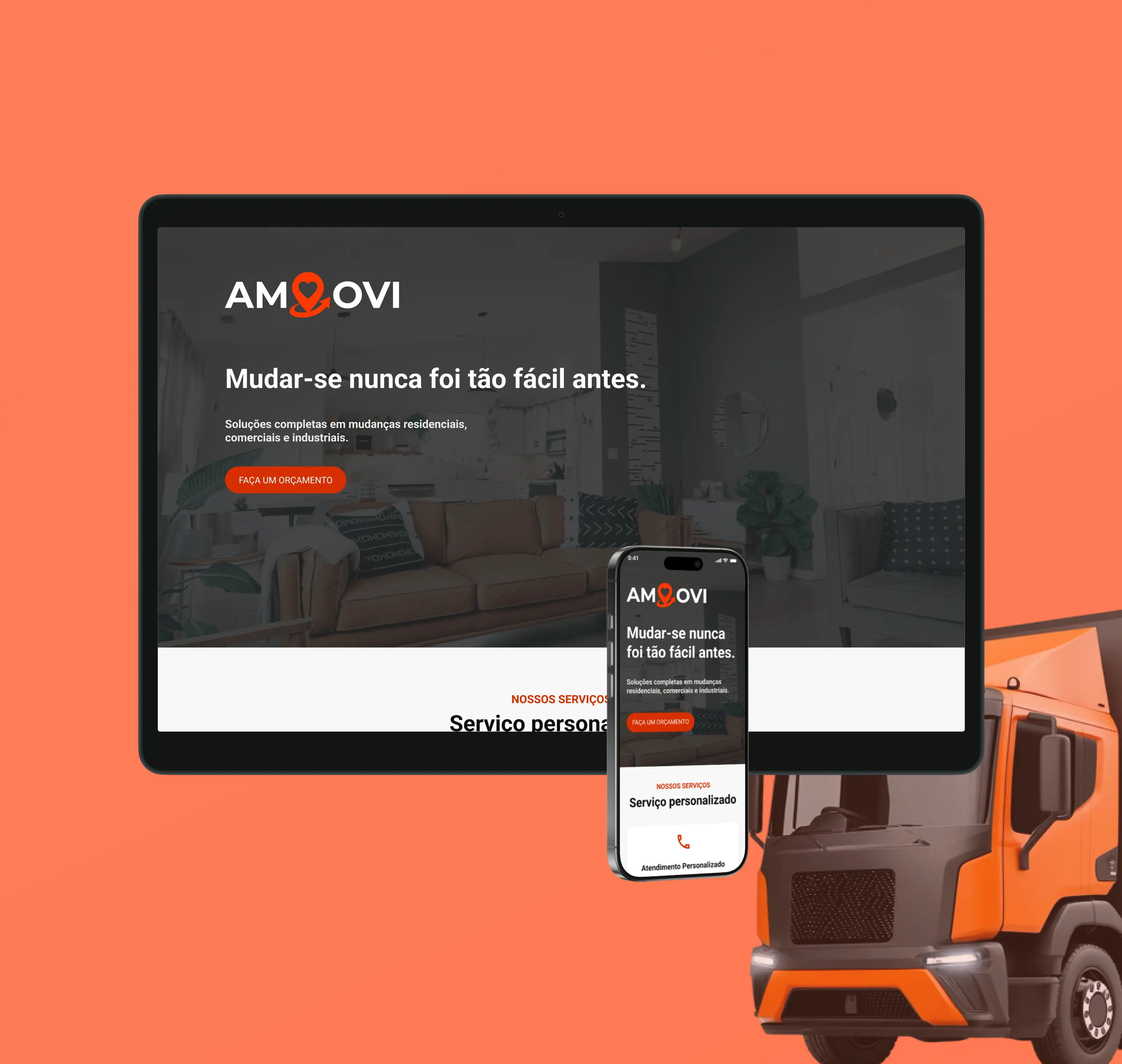 Mockup em perspectiva da landing page Amovi exibida em um notebook, com fundo em tom alaranjado sólido.
