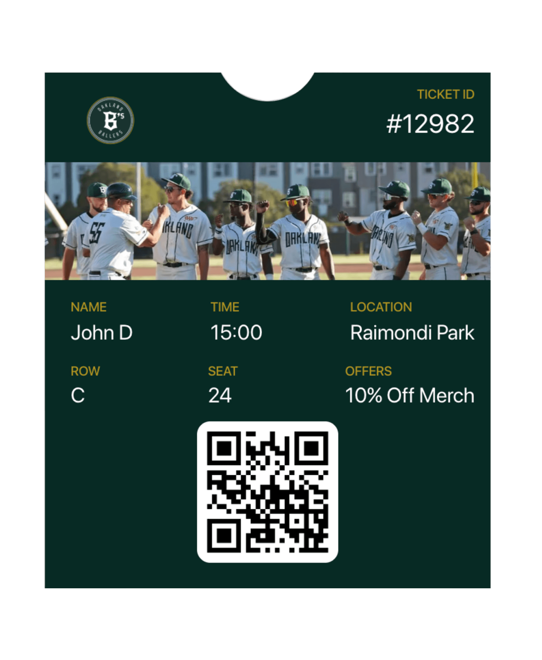 Digital ticket for a baseball game featuring event details, date, seat number, and a QR code for entry.
