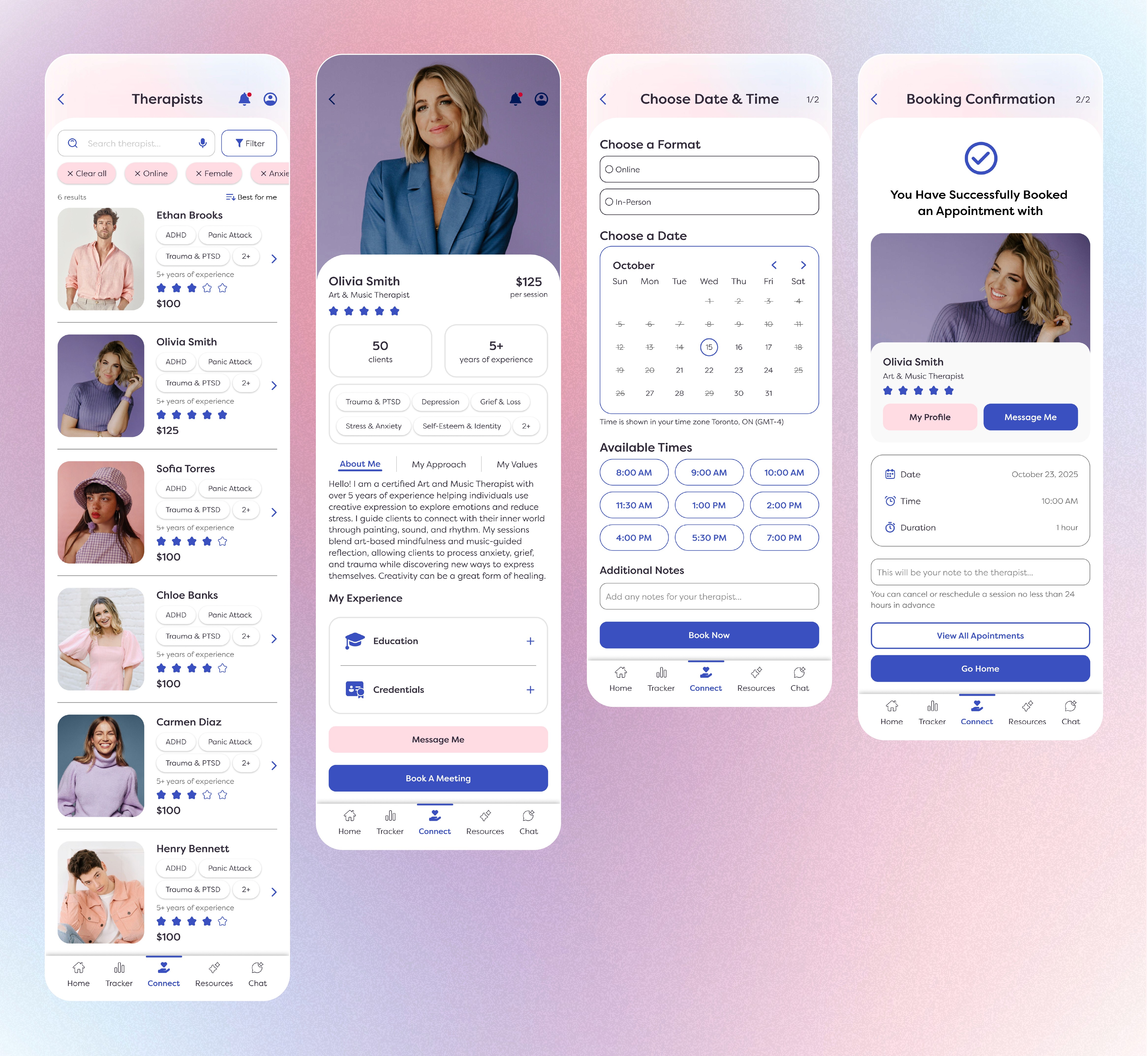 Flat lay of the next 4 screens of the mental health app design project.