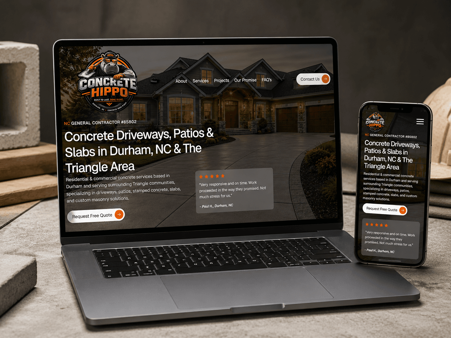 Concrete Hippo website mockup shown on a laptop and smartphone for a concrete contractor website design and SEO project