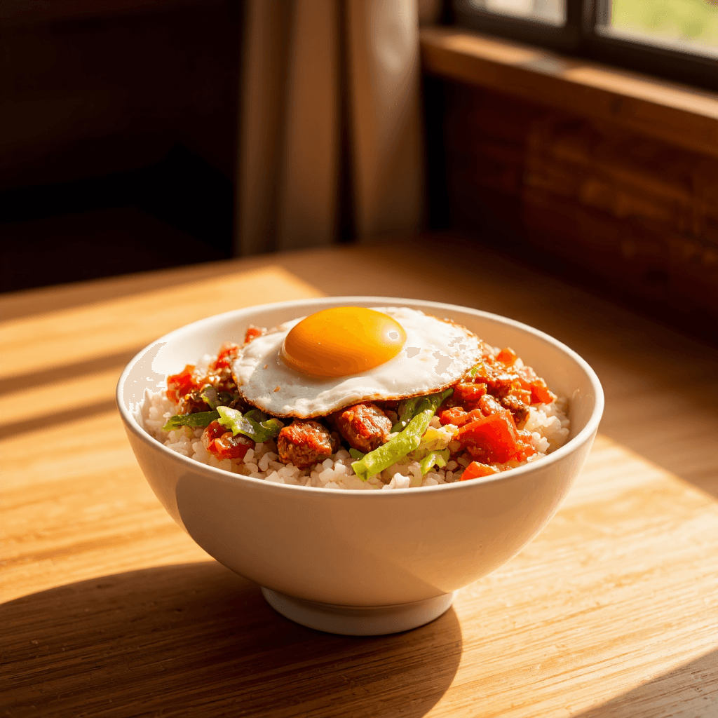 product photography of a bowl of mixed rice with egg and spicy meat