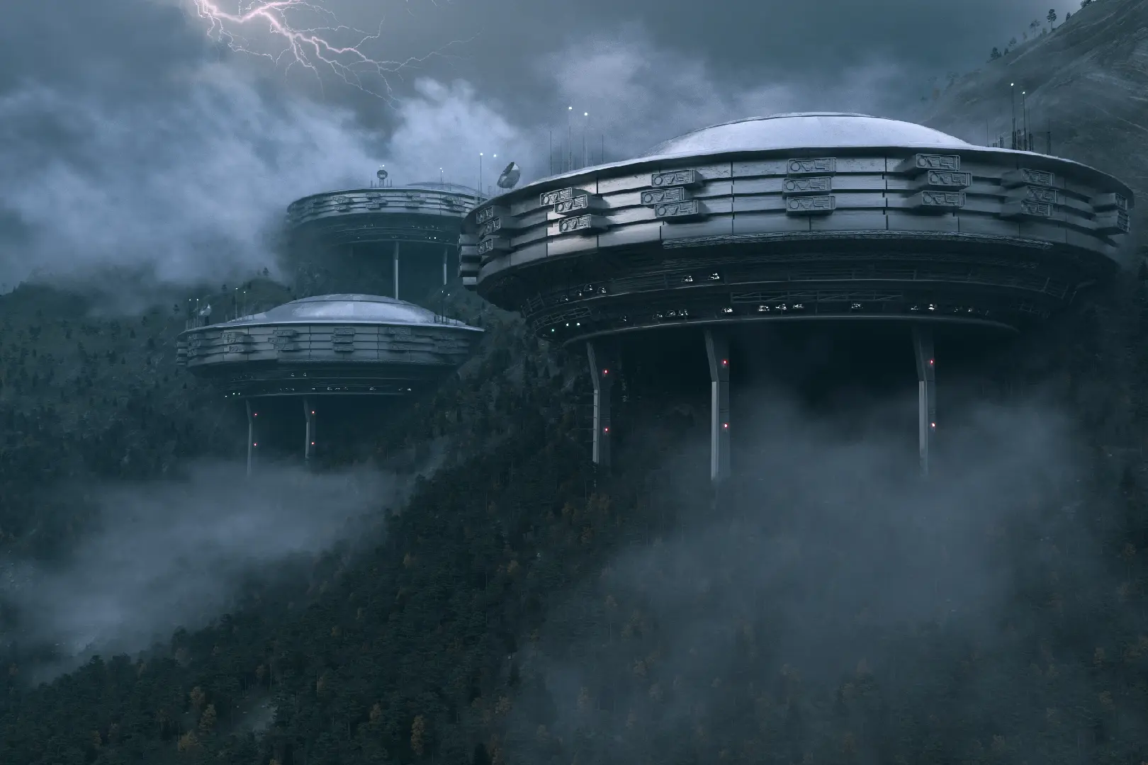 Scifi building dark storm 3d rendering