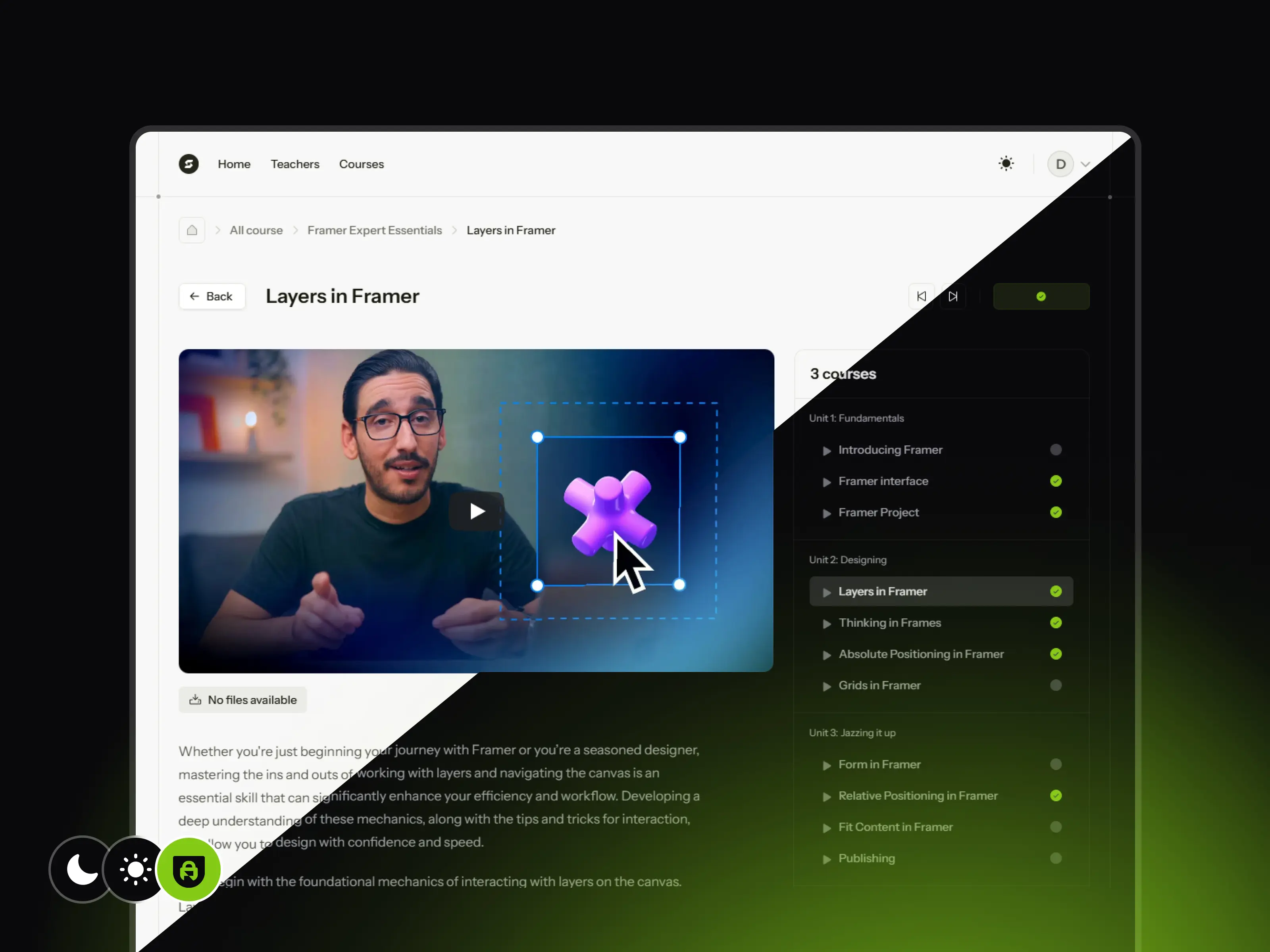 StudyFlow Framer template course page showing video lesson on using layers in Framer with light and dark mode UI