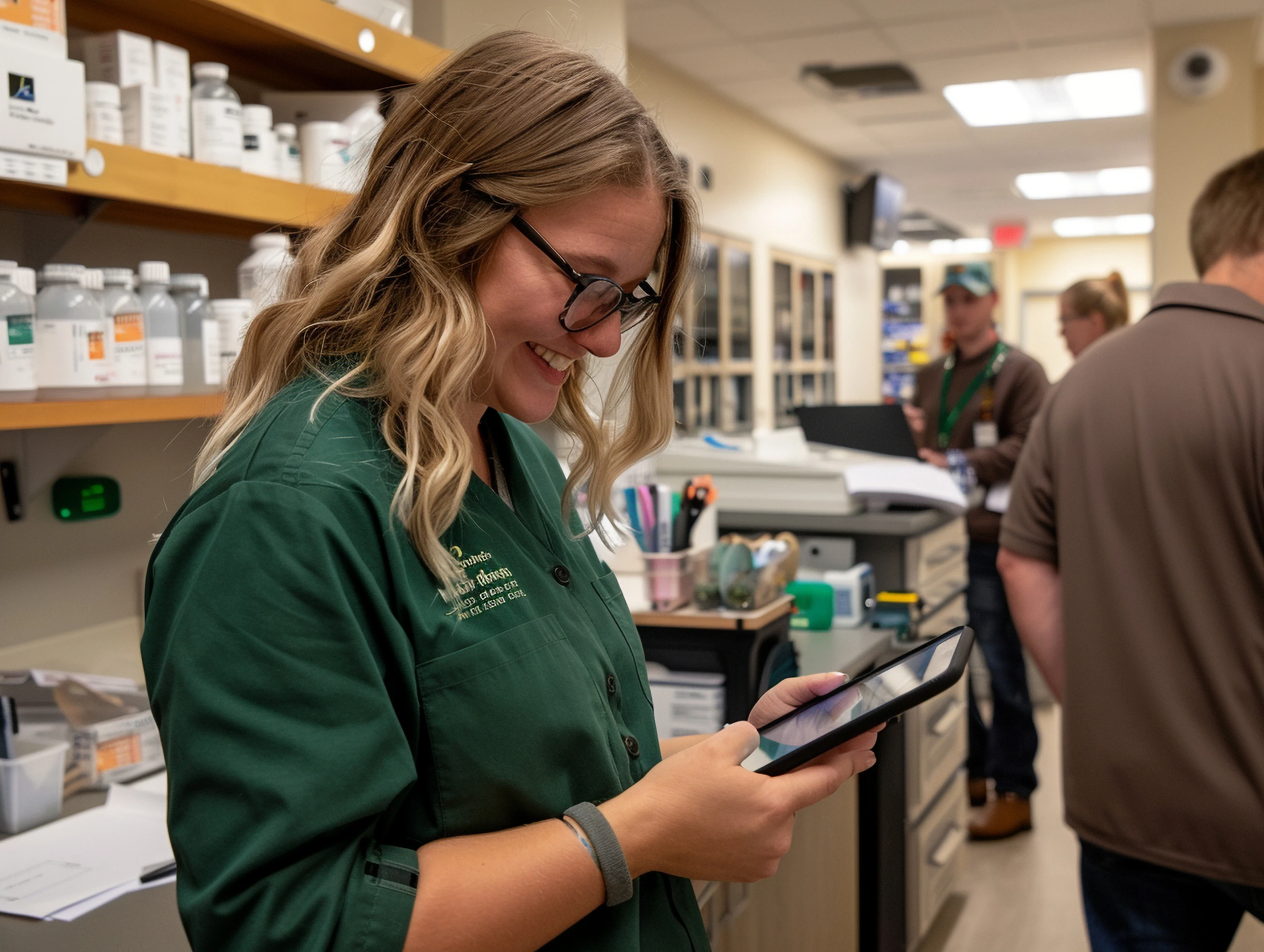 pharmacist looking phone and smiling