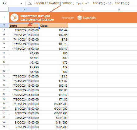 =GOOGLEFINANCE("GOOG", "price", TODAY()-30, TODAY())