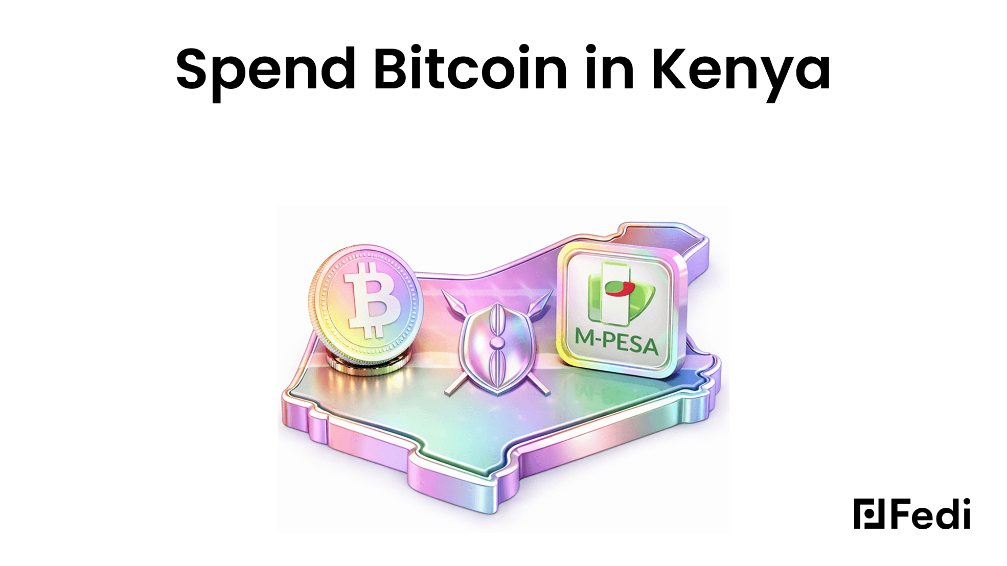Ilustração sobre como gastar Bitcoin no Quénia, mostrando uma moeda de Bitcoin a ser transferida para o M-PESA num telemóvel, representando a liquidação de pagamentos em Bitcoin através do sistema local de dinheiro móvel.