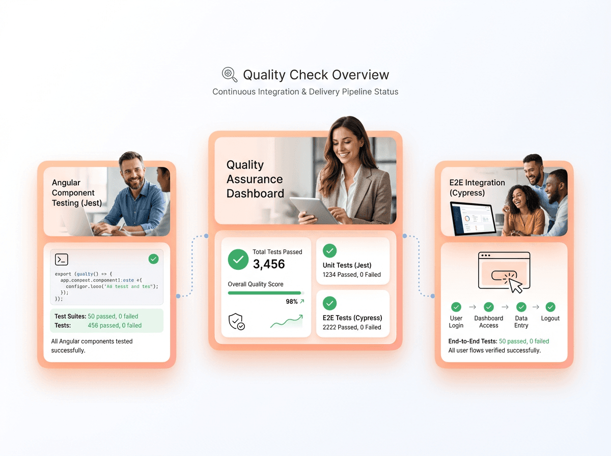 “Angular application quality assurance dashboards showing automated testing with Jest, Cypress, and end-to-end test coverage.”