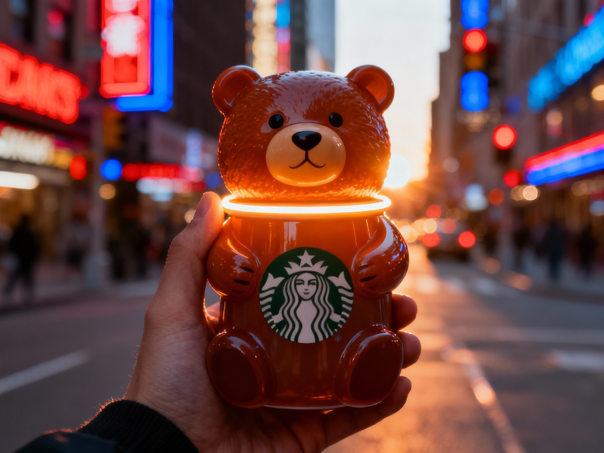 A cinematic photograph at golden hour, showing a close-up of a Starbucks bear cup held by a person