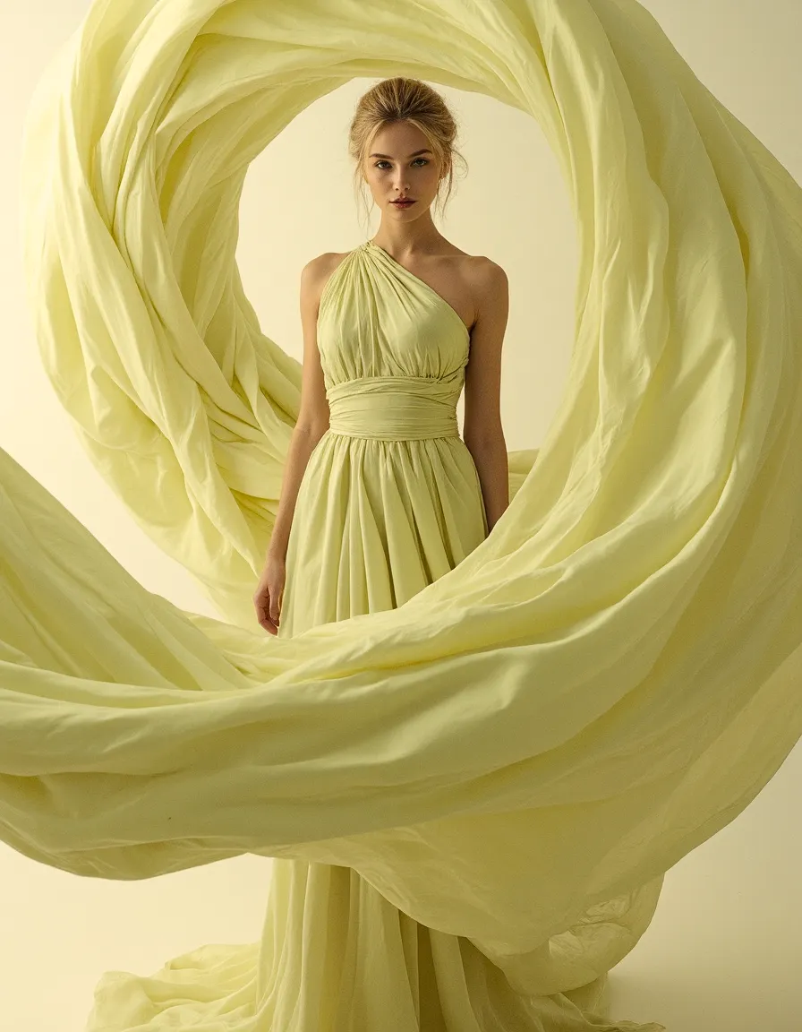 Elegant fashion portrait featuring a pale yellow one-shoulder gown with flowing chiffon fabric creating a circular frame effect