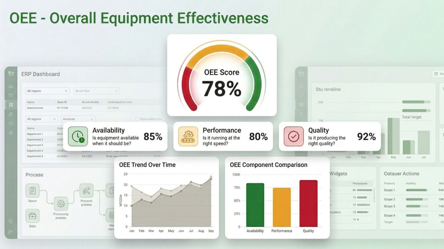 OEE (Overall Equipment Effectiveness) dashboard showing 78% efficiency with breakdown of availability, performance, and quality metrics, including trend analysis and component comparison charts.