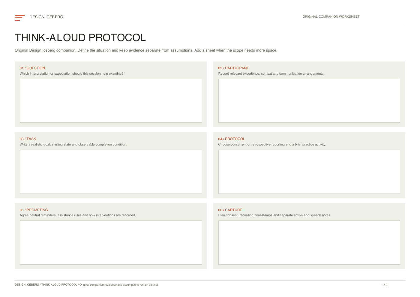 Think-Aloud Protocol original editable companion worksheet, planning and evidence page